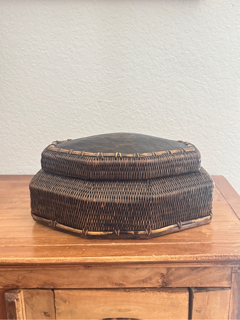 Vintage Rustic Woven Rattan Decorative Storage Box in Dark Brown 10”X7”